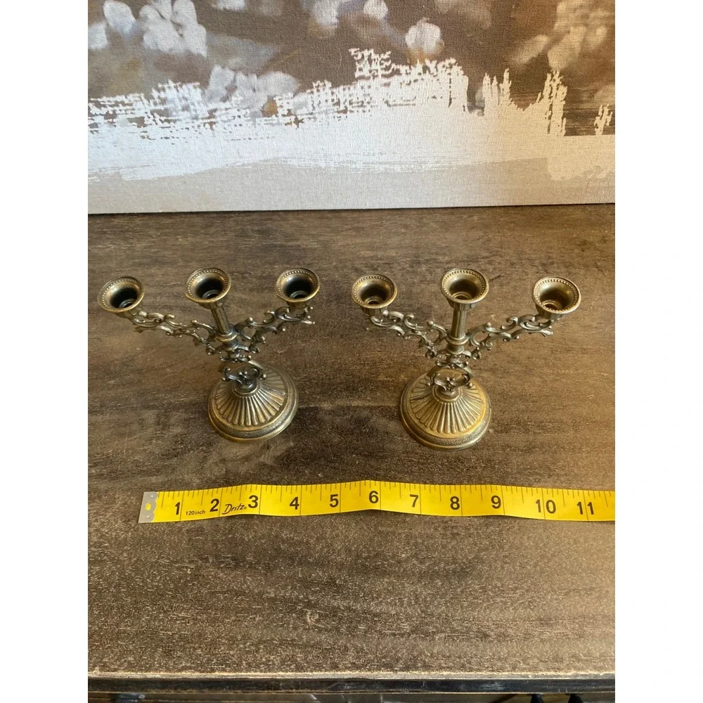 Vintage Brass 3 Arm Candelabra Pair Scroll French Baroque Taper Holders 6in